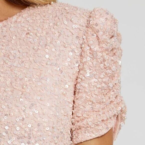 Mac Duggal 24003 Size 14 Pink Pearl Gathered Short Sleeve Long Maxi Gown Dress - Picture 5 of 6